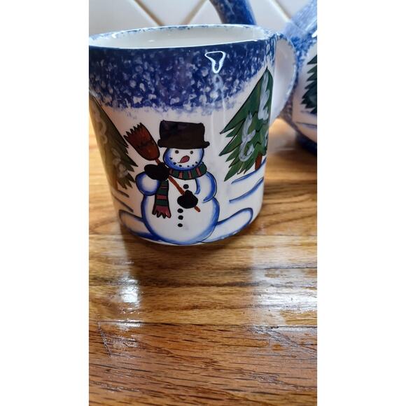 Snowman Teapot and 2 Snowman Mugs Blue Ceramic Christmas Winter - Picture 4 of 16
